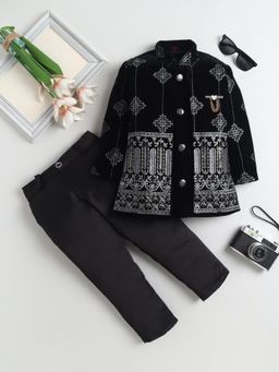 FOURFOLDS - Boys Black Velvet Floral Embroidered Sequined Sherwani And Trouser