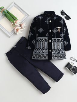 FOURFOLDS - Boys Navy Blue Velvet Floral Embroidered Sequined Sherwani And Trouser