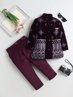 FOURFOLDS - Boys Purple Velvet Floral Embroidered Sequined Sherwani And Trouser