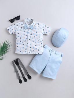 FOURFOLDS - Boys Blue Cotton Blend Shirt And Shorts With Cap, Suspender And Bow