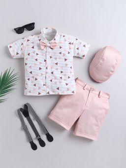 FOURFOLDS - Boys Peach Cotton Blend Shirt And Shorts With Cap, Suspender And Bow