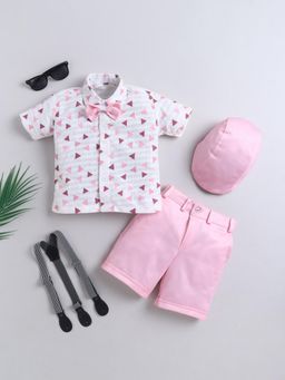 FOURFOLDS - Boys Pink Cotton Blend Shirt And Shorts With Cap, Suspender And Bow