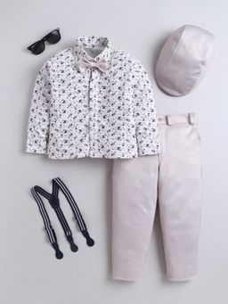 FOURFOLDS - Boys Beige Cotton Blend Shirt And Trouser With Cap, Suspender And Bow