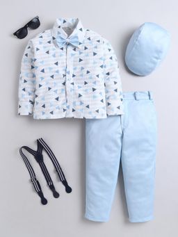 FOURFOLDS - Boys Blue Cotton Blend Shirt And Trouser With Cap, Suspender And Bow