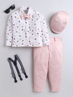 FOURFOLDS - Boys Peach Cotton Blend Shirt And Trouser With Cap, Suspender And Bow