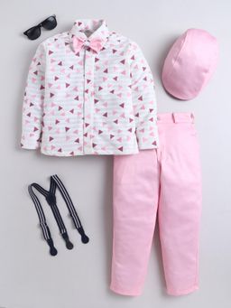 FOURFOLDS - Boys Pink Cotton Blend Shirt And Trouser With Cap, Suspender And Bow