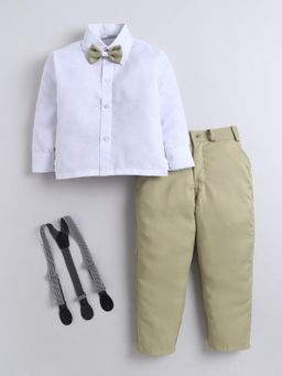 FOURFOLDS - Boys Olive Green Cotton Solid Shirt And Trouser With Suspender And Bow