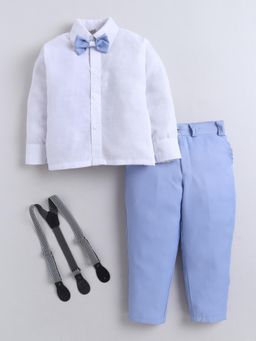 FOURFOLDS - Boys Sky Blue Cotton Solid Shirt And Trouser With Suspender And Bow