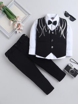 FOURFOLDS - Boys Black Cotton Blend Waistcoat Shirt With Bow And Trouser