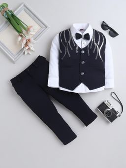 FOURFOLDS - Boys Navy Blue Cotton Blend Waistcoat Shirt With Bow And Trouser