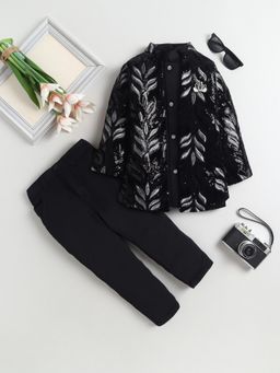 FOURFOLDS - Boys Black Velvet Leaf Embroidered Sequined Sherwani And Trouser With Shrug