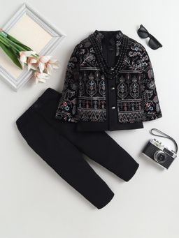 FOURFOLDS - Boys Black Velvet Floral Embroidered Sequined Sherwani And Trouser With Shrug