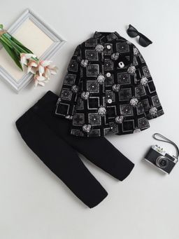 FOURFOLDS - Boys Black Velvet Geometric Floral Embroidered Sequined Sherwani And Trouser