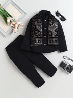 FOURFOLDS - Boys Black Sherwani And Trouser With Floral Vine Sequined Velvet Jacket