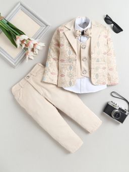FOURFOLDS - Boys Beige Cotton Blend Floral Embroidered Sequined 3 Piece Suit With Bow