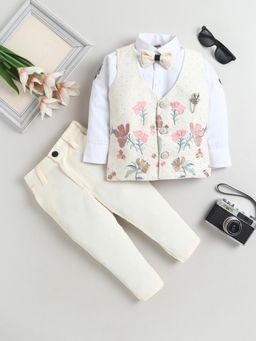 FOURFOLDS - Boys Cream Cotton Blend Floral Waistcoat Shirt With Bow And Trouser