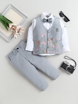 FOURFOLDS - Boys Grey Cotton Blend Floral Waistcoat Shirt With Bow And Trouser