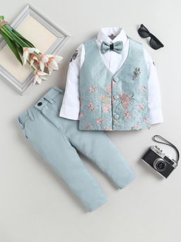 FOURFOLDS - Boys Ice Blue Cotton Blend Floral Waistcoat Shirt With Bow And Trouser