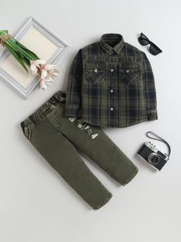 FOURFOLDS - Boys Olive Green Cotton Blend Checked Shirt And Trouser