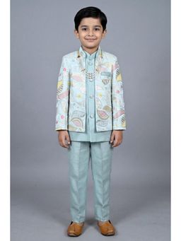 BT DEZINES - Boys Aqua Blue Satin Leaf Sherwani Trouser And Jacket With Necklace