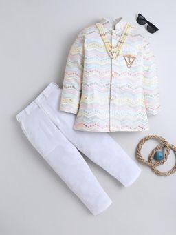 BT DEZINES - Boys Ivory Cotton Satin Chevron Zigzag Sequined Sherwani And Trouser