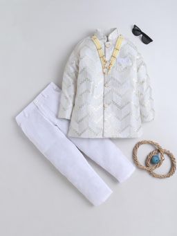 BT DEZINES - Boys Ivory Cotton Satin Chevron Zigzag Sequined Sherwani And Trouser