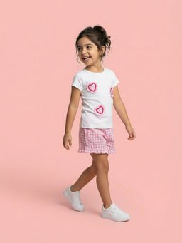 Nautinati - Girls Cotton Hearts Applique Oversized T-Shirt With Gingham Shorts