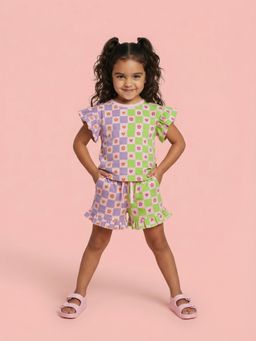 Nautinati - Girls Floral Checks Print Half Sleeve Cotton T-Shirt And Shorts