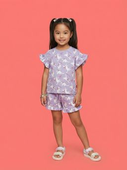Nautinati - Girls All Over Cat Printed Cotton T-Shirt And Shorts Co-Ord