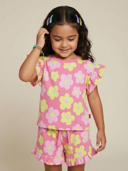 Nautinati - Girls Floral All Over Print Regular Fit Cotton T-Shirt And Shorts Co-Ord
