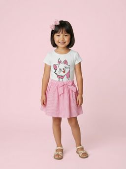 Nautinati - Girls Marie Cat Printed Regular Fit Round Neck T-Shirt And Skirt