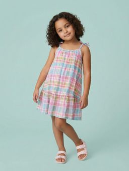 Nautinati - Girls Cotton A-Line Pastel Gingham Chequered Strappy A-Line Drop Waist Dress