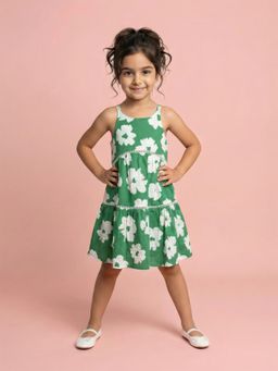 Nautinati - Girls Cotton All-Over Floral Print A-Line Tiered Dress With Lace Design