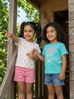 Nautinati - Girls Cotton Graphic And All-Over Floral Print Crew Neck T-Shirts (Pack of 2)