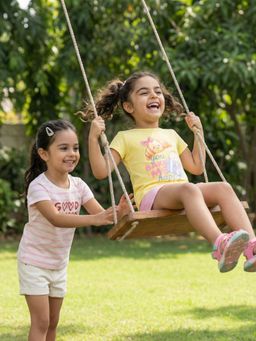 Nautinati - Girls Cotton Graphic And Striped Crew Neck T-Shirts (Pack of 2)