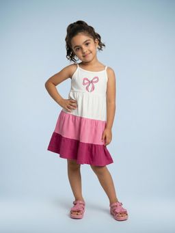 Nautinati - Girls Cotton Tiered Dress With Colourblock And Ribbon Graphic Print