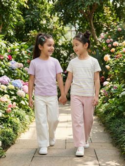 Nautinati - Girls Cotton Solid And Striped Essentials Crew Neck T-Shirts (Pack of 2)