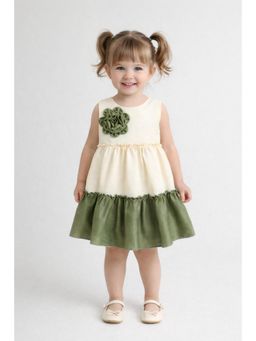 The Magic Wand - Woven Tiered Dress With Flower Applique - Olive Green