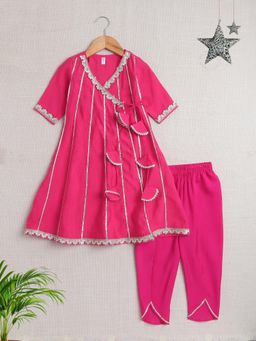 The Magic Wand - Stripe With Lace Angarakha Kurta With Pant- Fuchsia