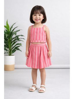 The Magic Wand - Cotton Strappy Butti Stripe Printed Top And Skirt - Pink
