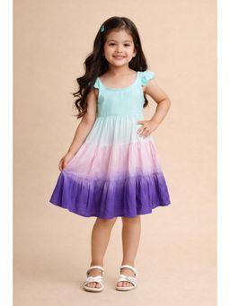 The Magic Wand - Rayon Ruffle Sleeves Tie And Dye Tiered Dress - Blue