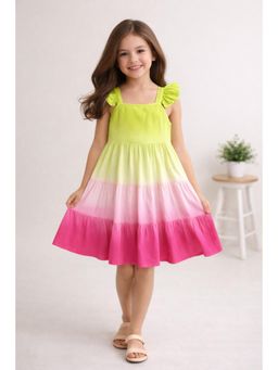 The Magic Wand - Rayon Ruffle Sleeves Tie And Dye Tiered Dress - Fuchsia