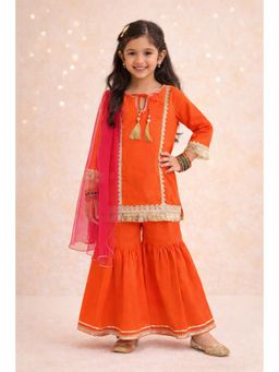 The Magic Wand - Cotton Laced Kurti And Sharara With Dupatta - Orange