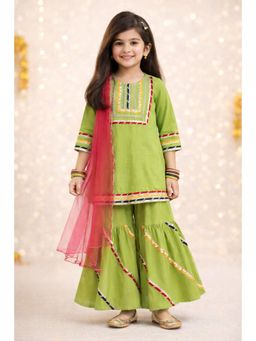 The Magic Wand - Cotton Three Fourth Laced Kurti And Sharara With Dupatta - Green