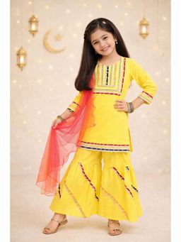 The Magic Wand - Cotton Three Fourth Laced Kurti And Sharara With Dupatta - Yellow
