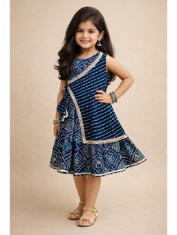 The Magic Wand - Woven Bandhani Dress With Mock Lehriya Printed Jacket - Navy Blue