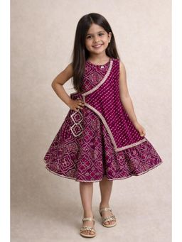 The Magic Wand - Woven Bandhani Dress With Mock Lehriya Printed Jacket - Purple