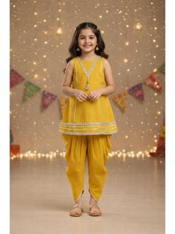 The Magic Wand - Cotton Sleeveless Laced A-Line Kurta And Dhoti - Mustard