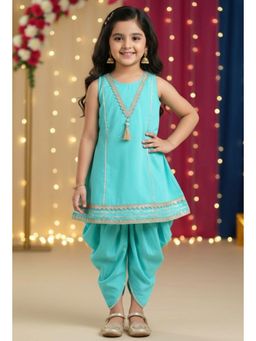 The Magic Wand - Cotton Sleeveless Laced A-Line Kurta And Dhoti - Turquoise