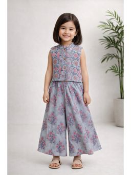 The Magic Wand - Cotton Sleeveless Floral Printed Top And Palazzo - Blue